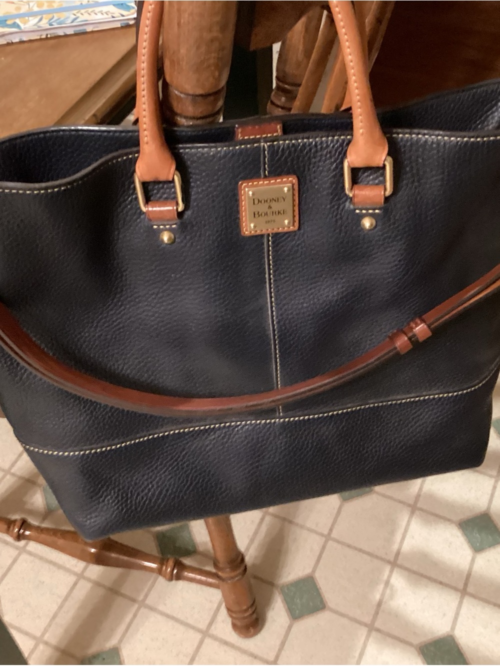 Dooney & Bourke Navy Pebbled Leather Tote with Tan Trim